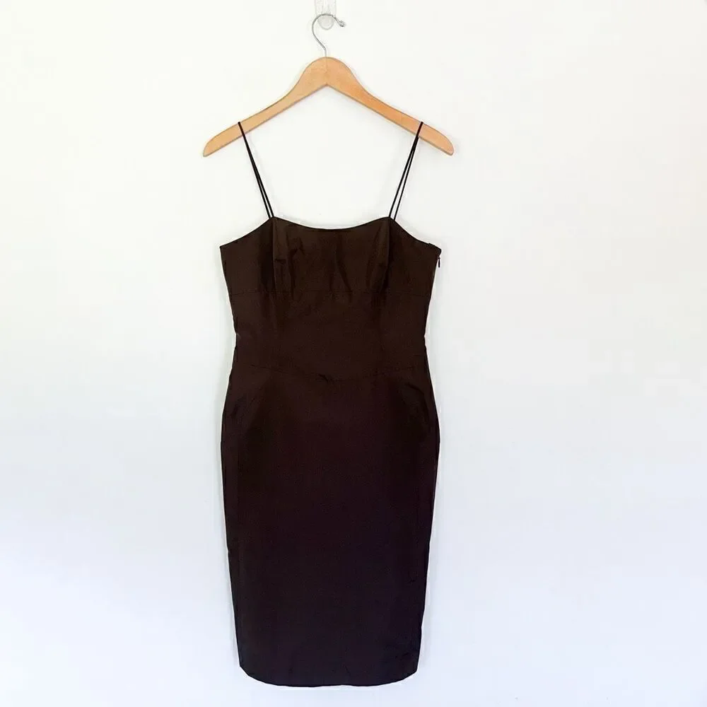 Worth Women’s Brown Taffeta Pencil Spaghetti Strap Silk Blend Fitted Square Neck